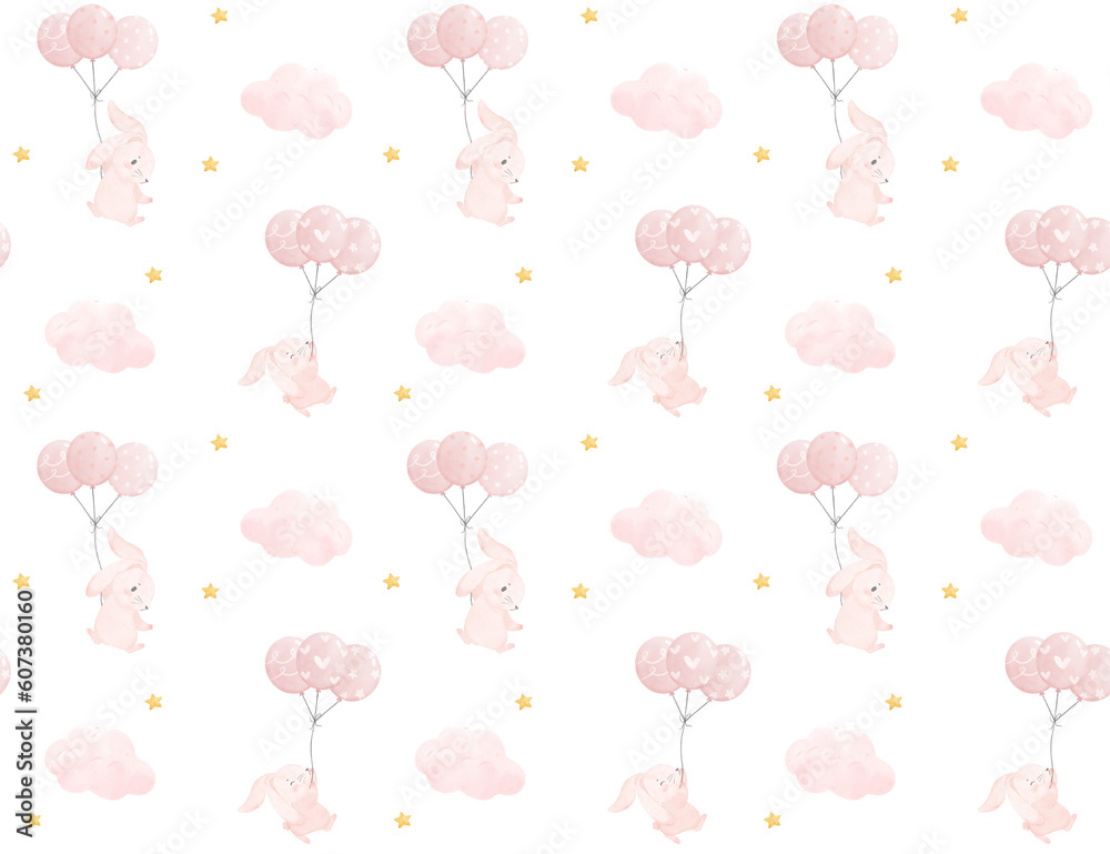 nursery pattern seamless background cute pink bunny flying by balloons watercolor painting, nursery hand drawn isolated on white background illustration vector