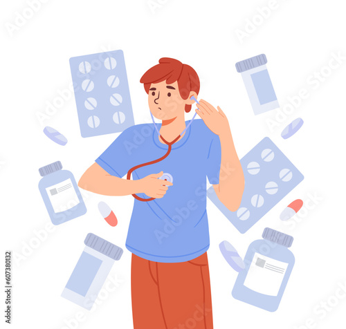Boy listen heartbeat. Young guy with stethoscope checks pulse. Character next to pills. Health care and self diagnosis. Cardiology and treatment. Cartoon flat vector illustration