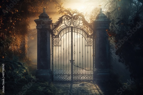 A large wrought-iron gate to the garden, the park in an eerie fog, generative AI.