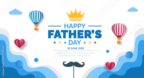 happy Father's Day background poster, greetings card or banner design template with parachute, cloud, necktie, glasses, hat, and gift box. celebrate in june. stylish papa typography design.