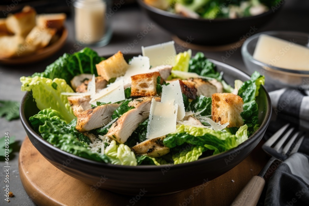 a bowl of chicken caesar salad, with juicy grilled or baked chicken and crunchy croutons, created with generative ai a bowl of chicken caesar salad, with juicy grilled or baked chicken and crunchy croutons, created with generative ai