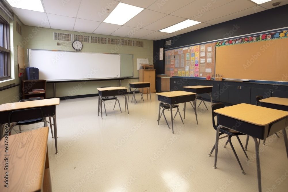 empty classroom, ready for a new school year with chalkboard and blackboard in place, created with generative ai empty classroom, ready for a new school year with chalkboard and blackboard in place, created with generative ai