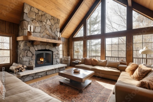 cabin with stone fireplace, huge window, and plush furnishings, created with generative ai © altitudevisual