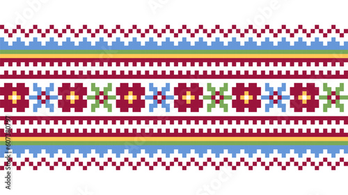 Colorful vector floral border print, pattern,ornament for textile fabric or cloth. Carpathian Lemky colorful border print. Pixel art, vyshyvanka, cross stitch. Ukrainian folk, ethnic modern design