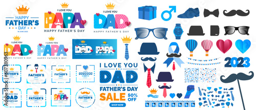 Father's Day background, poster or banner set with necktie, glasses, hat, and gift box. happy Father's day stylish typography design bundle. father day element vector and social media banner set. 