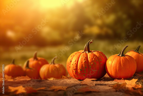Autumn pumpkins on wooden table and blur background.Harvest Concept. Copy space. Ai generative