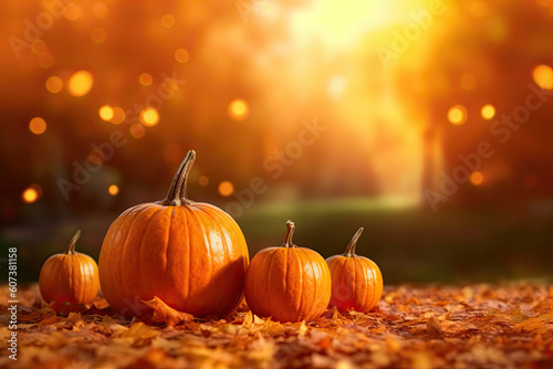 Autumn pumpkins on wooden table and blur background.Harvest Concept. Copy space. Ai generative