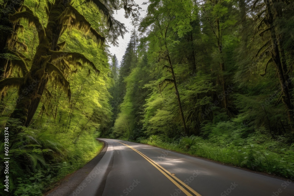Obraz premium scenic highway winding through dense forest, with glimpses of the sky above, created with generative ai