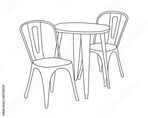 Modern Restaurant chairs with table set with white background, Hand Drawn outline
