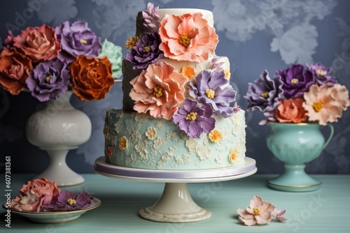 three-tiered cake with fondant and sugar flowers, created with generative ai