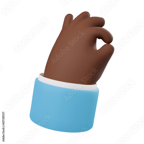 3d render icon of dark skinned hand gesture okay sign. Vector illustration isolated on white background. Cartoon style design for web or app. Okay gesture. Hand in blue jacket