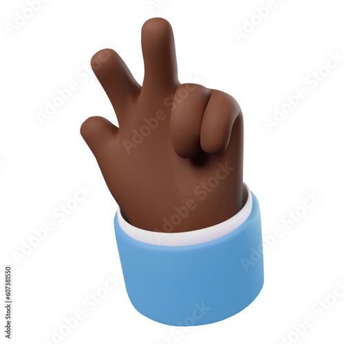 3d render icon of dark skinned hand gesture peace sign. Vector illustration isolated on white background. Cartoon style design for web or app. Victory gesture. Hand in blue jacket