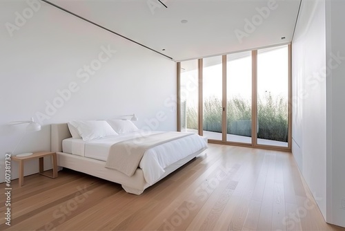 a serene and minimalist bedroom  with wooden floors and natural lighting  created with generative ai