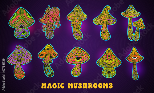 Magic Mushrooms set. Psychedelic poster.Vector illustration. Zen art. Decorative mushrooms, hippie, hallucination psilocybin 60s 70s