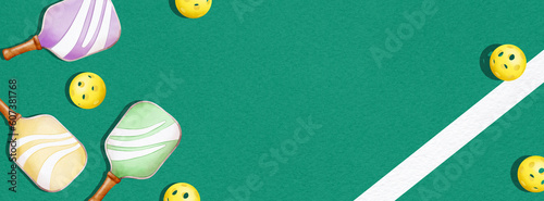 Horizontal green banner for pickleball tournament with racquets and balls at the court. Graphic illustration