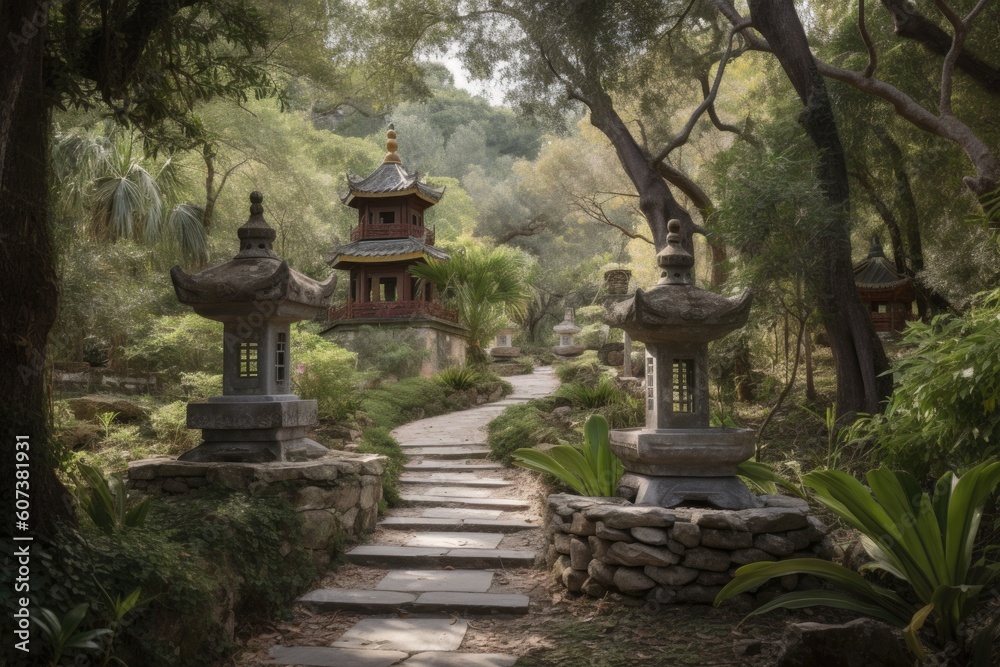 peaceful pagoda garden, with pathways and lanterns, surrounded by natural beauty, created with generative ai