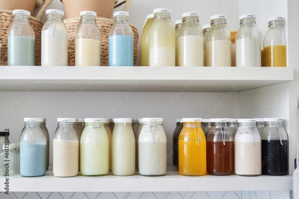 stack of homemade cleaning products on shelves in tidy and organized pantry, created with generative ai stack of homemade cleaning products on shelves in tidy and organized pantry, created with generative ai