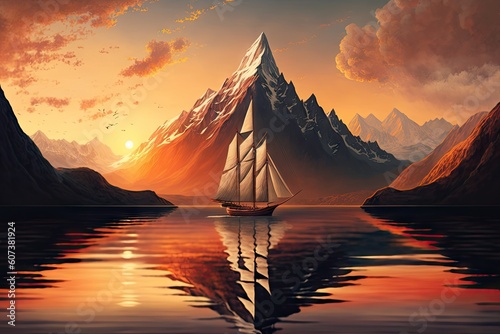 sunset sailboat navigating calm waters, with a majestic mountain range in the background, created with generative ai © altitudevisual
