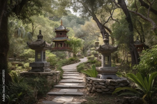 peaceful pagoda garden, with pathways and lanterns, surrounded by natural beauty, created with generative ai