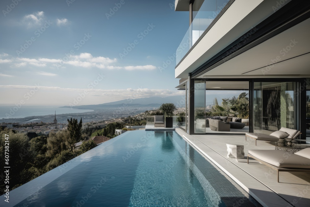 modern mediterranean home with infinity pool and terrace, views of the ocean, created with generative ai