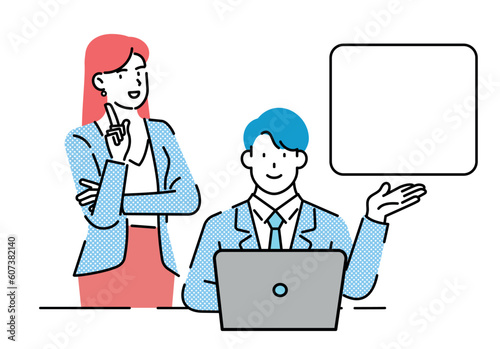 An agent and a female manager sitting at their laptops, promoting.