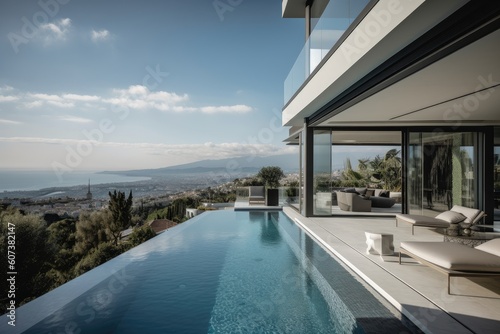 modern mediterranean home with infinity pool and terrace, views of the ocean, created with generative ai © altitudevisual