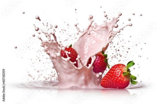 Generative AI - Milk Splash with Strawberries  Isolated  White Background