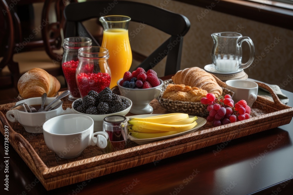 beautiful breakfast tray, arranged with artisinal bread, fresh fruit and coffee, created with generative ai