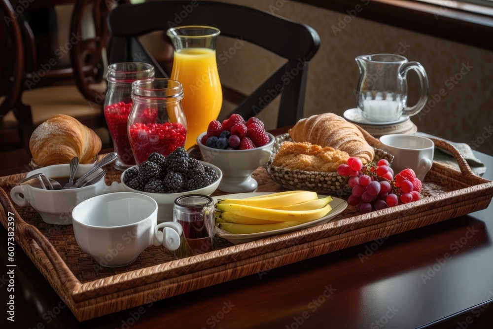 beautiful breakfast tray, arranged with artisinal bread, fresh fruit and coffee, created with generative ai beautiful breakfast tray, arranged with artisinal bread, fresh fruit and coffee, created with generative ai