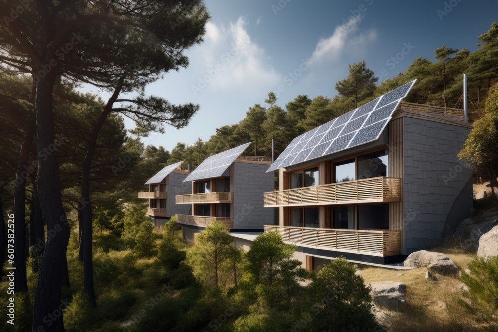 eco-friendly hotel, with solar panels and wind turbines providing energy for guests, created with generative ai