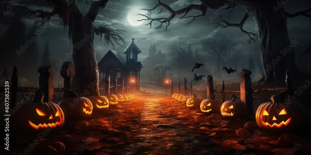 Fototapeta premium Generative AI - Spooky Night: Jack O' Lanterns in a Haunting Graveyard - A Halloween Backdrop