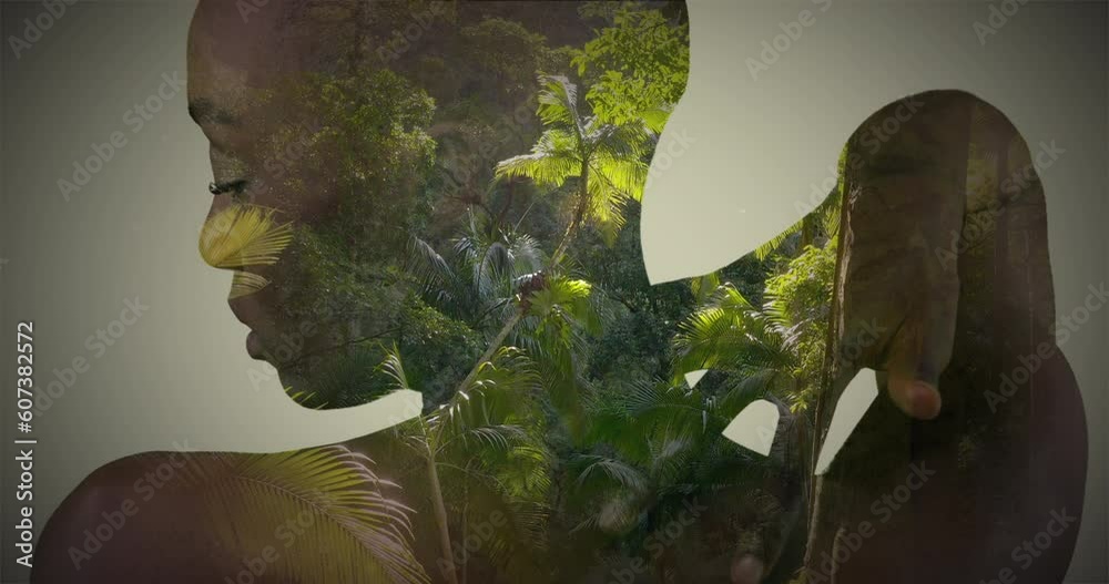 Beauty, woman and nature double exposure in a studio touching her soft, smooth and clear skin after body care. Plants, overlay and African female model with a natural treatment isolated by background