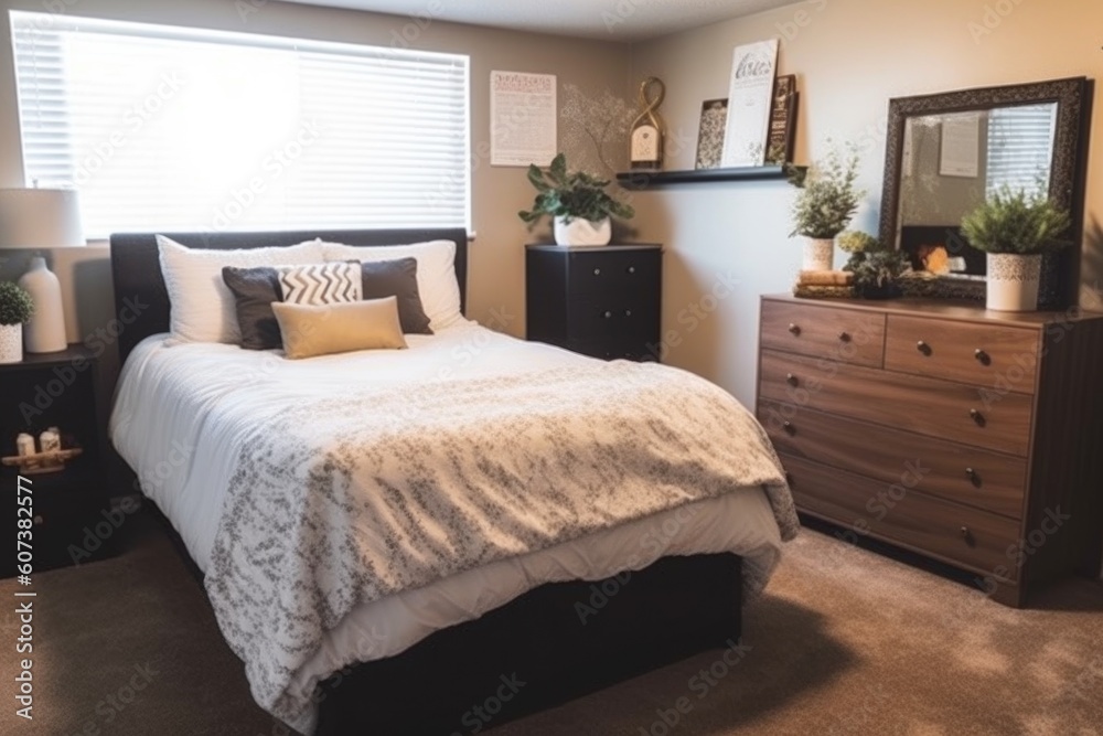Fototapeta premium decluttered bedroom, with neatly made bed and organized dresser drawers, created with generative ai