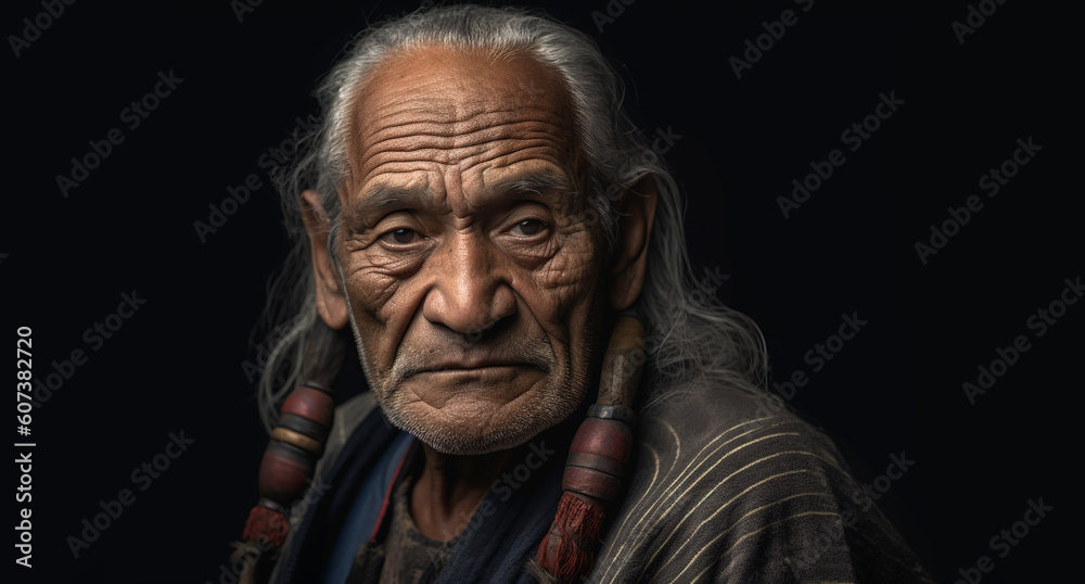 A mature aged tribal man, wisdom, maturity, strength, understanding. Isolated on a black background with copy space. Developed with generative ai