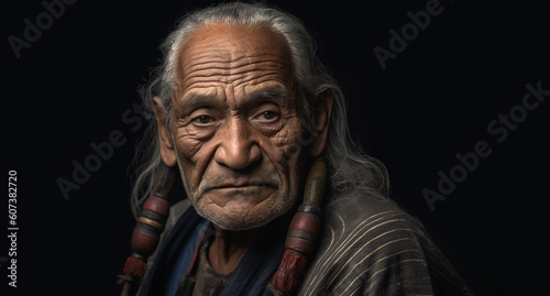 A mature aged tribal man, wisdom, maturity, strength, understanding. Isolated on a black background with copy space. Developed with generative ai