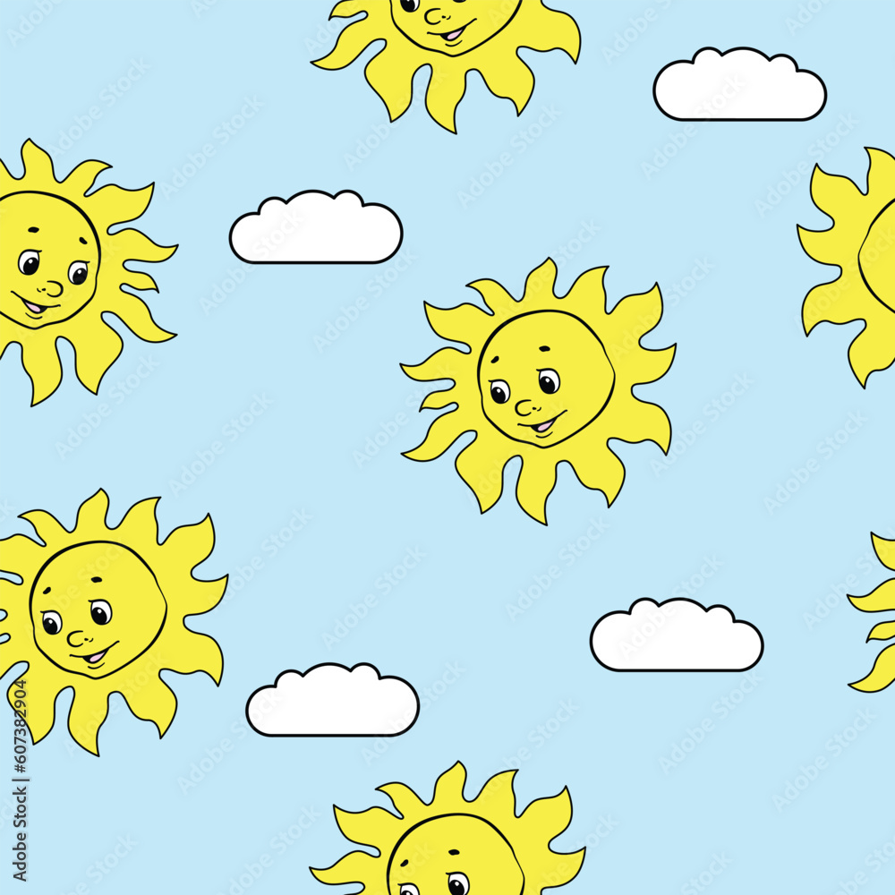 Sun and cloud seamless vector. Blue background. Wallpaper for a children's room or a stamp for clothes.
Sun and cloud seamless vector. Blue background. Wallpaper for a children's room or a stamp for clothes.