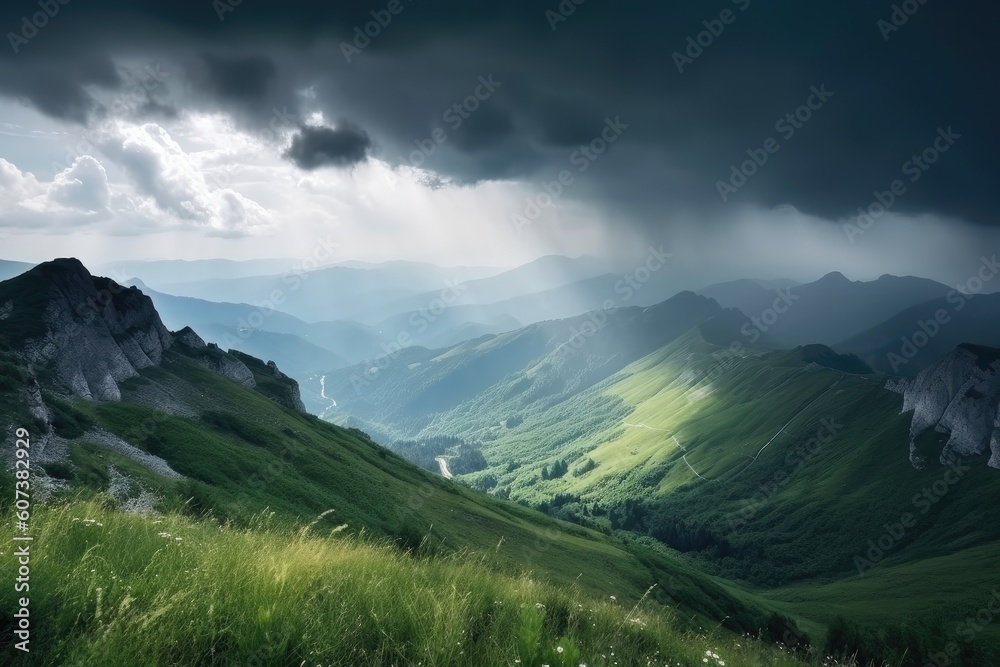 majestic mountain landscape, with clouds rolling in and lighting storm in the distance, created with generative ai majestic mountain landscape, with clouds rolling in and lighting storm in the distance, created with generative ai