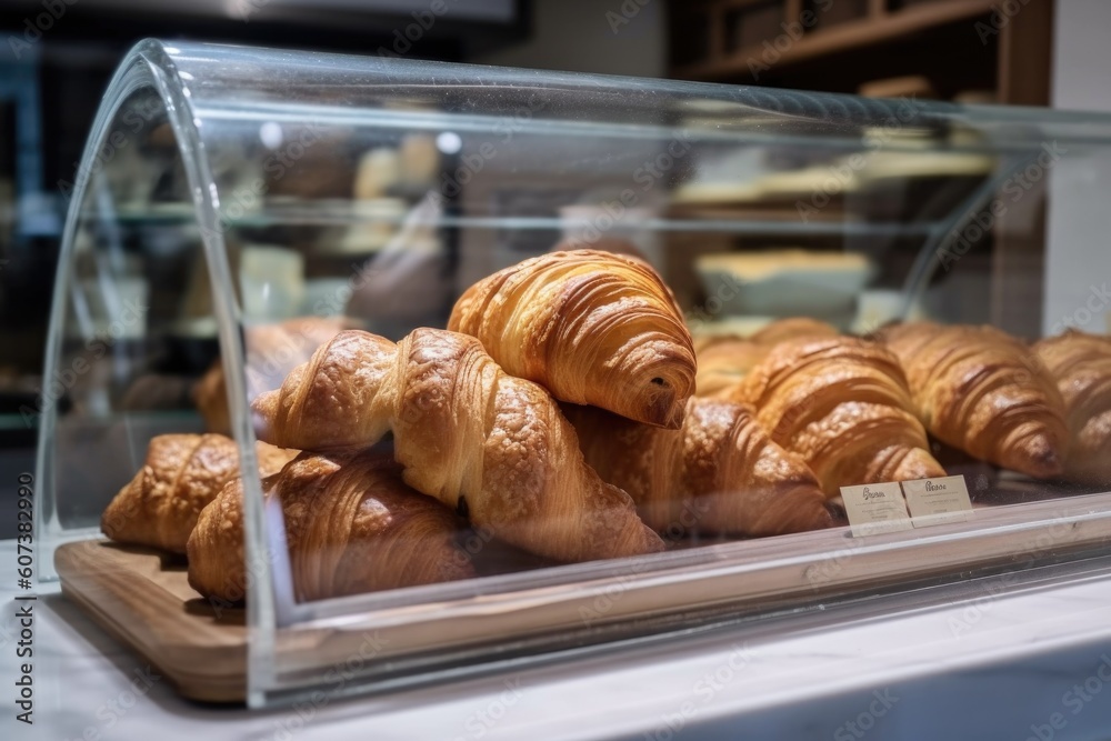 homemade croissants, neatly displayed in a glass case for customers to purchase, created with generative ai homemade croissants, neatly displayed in a glass case for customers to purchase, created with generative ai