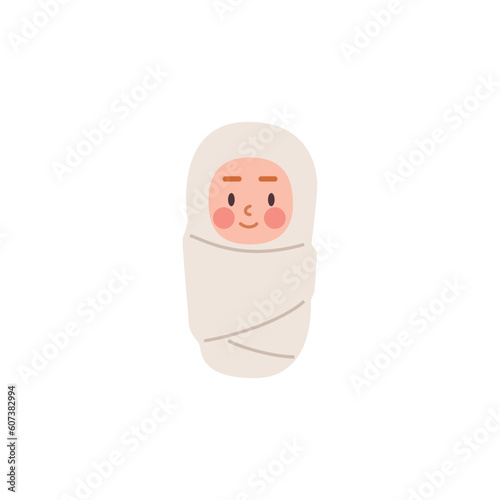 Newborn baby swaddled in blanket flat vector cartoon illustration isolated.