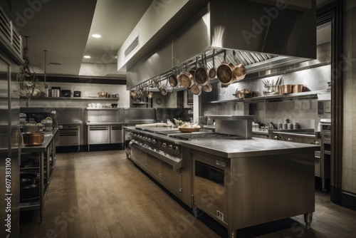 posh hotel kitchen, with commercial ovens and ranges at the ready for any culinary creation, created with generative ai