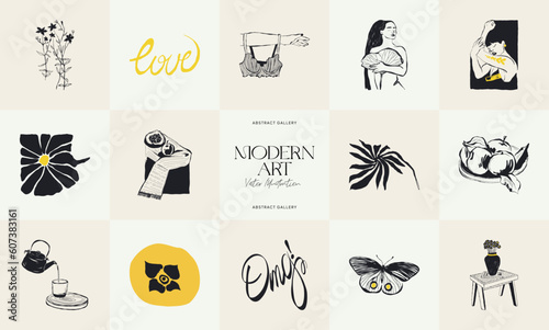 Modern Art Illustration. Matisse Abstract Set, Aesthetic Modern, Boho Decor, Minimalist, Illustration, Vector, Poster, Postcard. Aesthetic minimalist design. Vector illustrations.