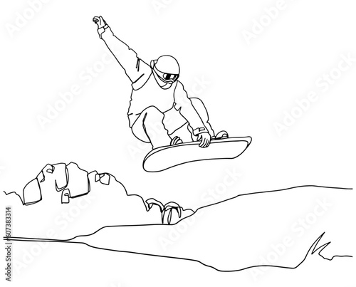Snowboarder jumping on the forest background in minimalist outline vector illustration. Freeride man on snowboard winter lineart.