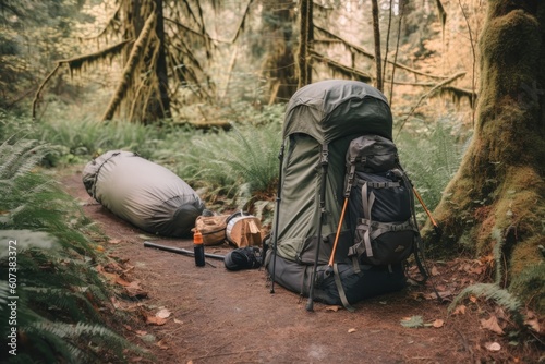 backpacking trip with tent, backpack, and hiking gear on the trail, created with generative ai