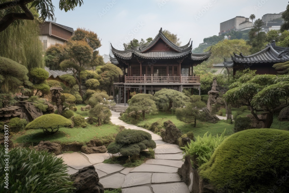 peaceful garden, with view of the towering china pagoda in the distance, created with generative ai peaceful garden, with view of the towering china pagoda in the distance, created with generative ai