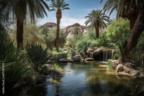 desert oasis with waterfall and lush greenery in the background  created with generative ai