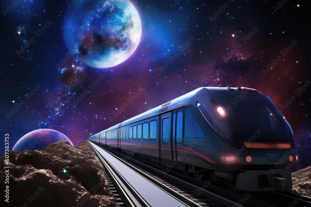 Obraz na plátně futuristic train speeds past view of the cosmos, with planets and stars visible