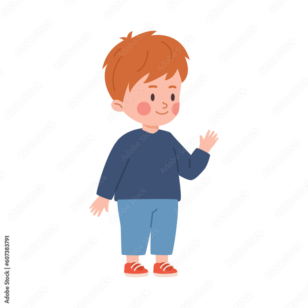 Cute standing little red-haired boy waving flat style, vector illustration