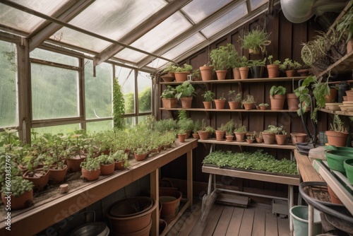 greenhouse with shelves of plants and tools for gardening, created with generative ai © altitudevisual