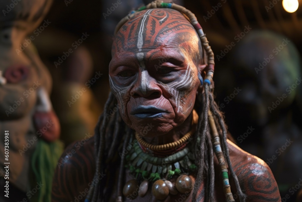 close-up of alien with face paint and tribal decorations, dancing in celebration, created with generative ai