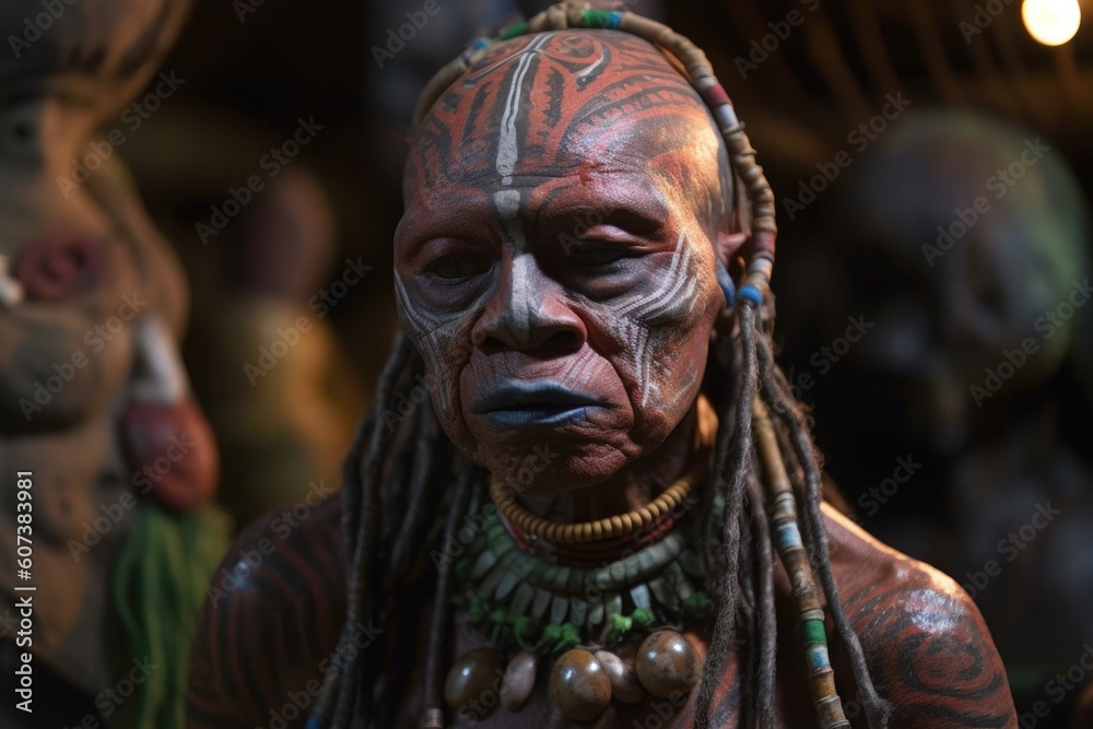 close-up of alien with face paint and tribal decorations, dancing in celebration, created with generative ai close-up of alien with face paint and tribal decorations, dancing in celebration, created with generative ai